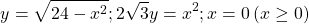 \[\ y=\sqrt{24-x^2};2\sqrt3y=x^2;x=0\left(x\geq0\right)\]