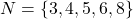 N = \{3, 4, 5, 6, 8\}