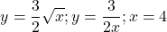 \[y=\frac{3}{2}\sqrt x;y=\frac{3}{2x};x=4\]