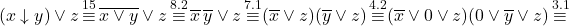 \[ (x \downarrow y) \vee z \mathop{\equiv}\limits^{15} \overline{x \vee y} \vee z \mathop{\equiv}\limits^{8.2} \overline{x}\,\overline{y} \vee z \mathop{\equiv}\limits^{7.1} (\overline{x} \vee z)(\overline{y} \vee z) \mathop{\equiv}\limits^{4.2} (\overline{x} \vee 0 \vee z)(0 \vee \overline{y} \vee z) \mathop{\equiv}\limits^{3.1} \]