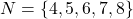 N = \{ 4, 5, 6, 7, 8 \}