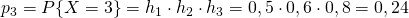 p_3=P{X=3}=h_1 cdot h_2 cdot h_3=0,5cdot 0,6 cdot 0,8=0,24